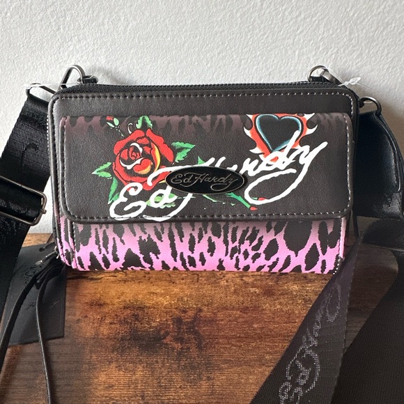 Ed Hardy Handbags - Ed Hardy Black & Pink Leopard Print Crossbody Wallet Bag with Wristlet Strap NWT